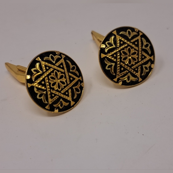 Vintage Men's Cufflinks 24 Karat Fine Gold 70s Spain Star Filigree Black Gold - Picture 7 of 13